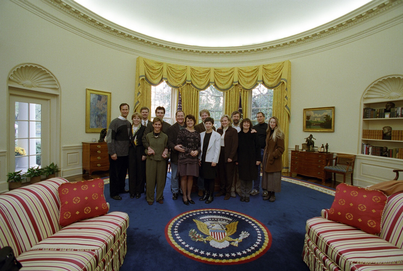 Top brass from Pixar in the Oval Office on November 9, 1998 in what’s described as “Camp David weekend guests” on contact sheets at the Clinton Library (Clinton Presidential Library)